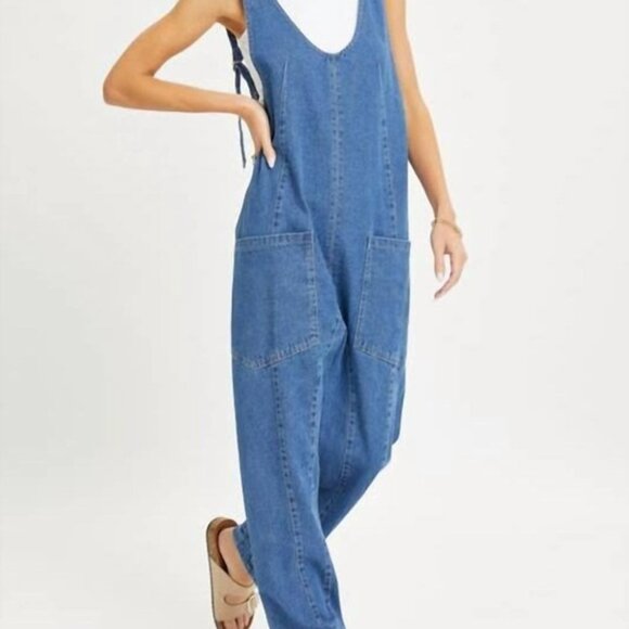 Denim Jumpsuit Overalls Straps Large Patch Pockets Oversized Boho Jeans XS - Picture 1 of 10